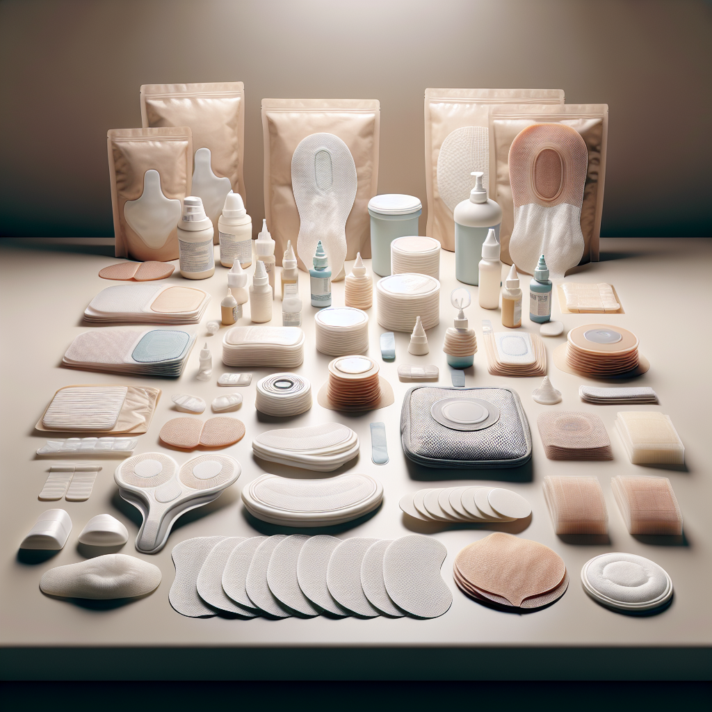 A realistic image of ostomy supplies, highlighting skin-friendly adhesive patches and odor-reducing pouches on a neutral backdrop.