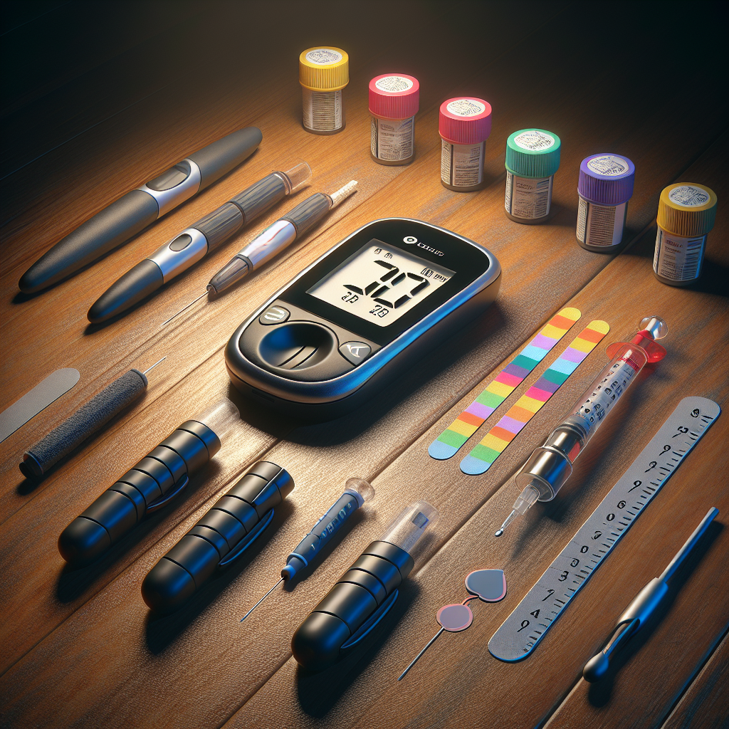 A collection of diabetic supplies including a blood glucose meter, test strips, insulin pen, and lancets on a wooden table.