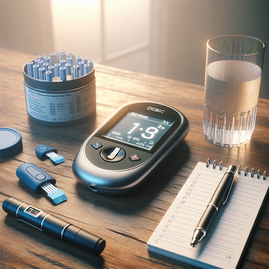 Home diabetes monitoring setup with a glucose meter, lancets, test strips, and a notepad on a wooden table.