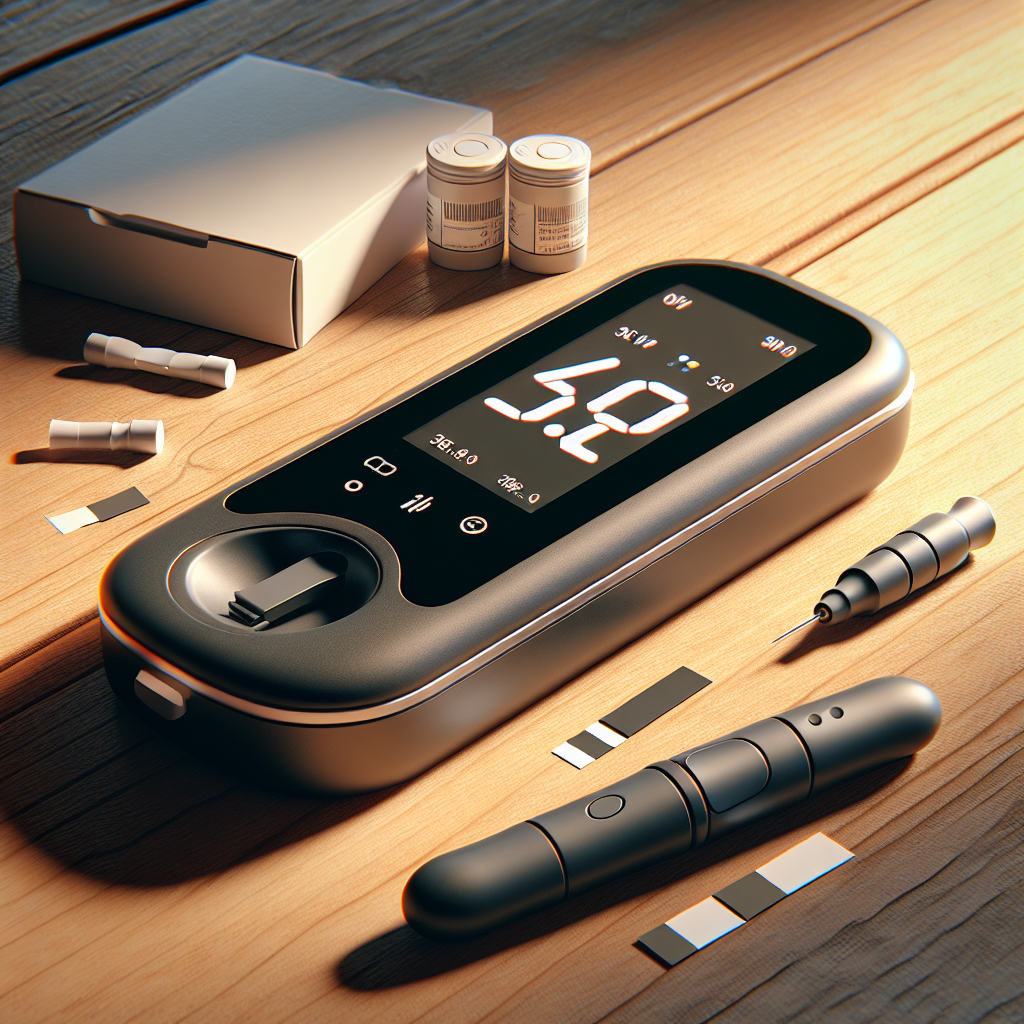 A modern portable blood glucose meter on a wooden table with test strips and a lancet.