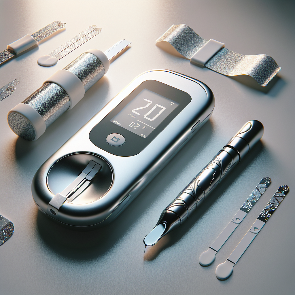 A realistic depiction of a diabetic testing kit with a glucose meter, lancet device, and test strips on a white surface.