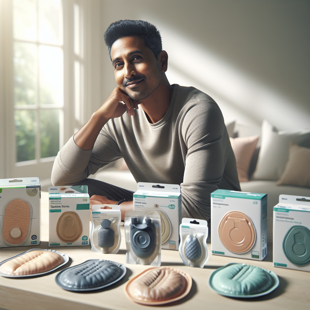 A person engaging with ostomy supplies, looking comfortable and confident.