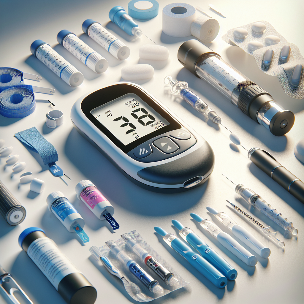 A realistic image of essential diabetic supplies including a blood glucose meter, test strips, insulin pens, and lancets on a white surface.