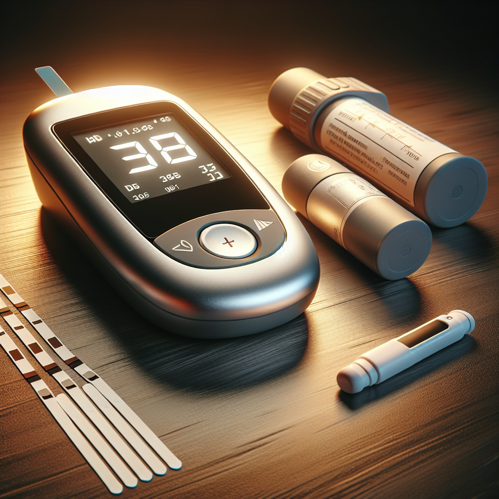 Home diabetes monitoring supplies on a wooden table in warm natural light.