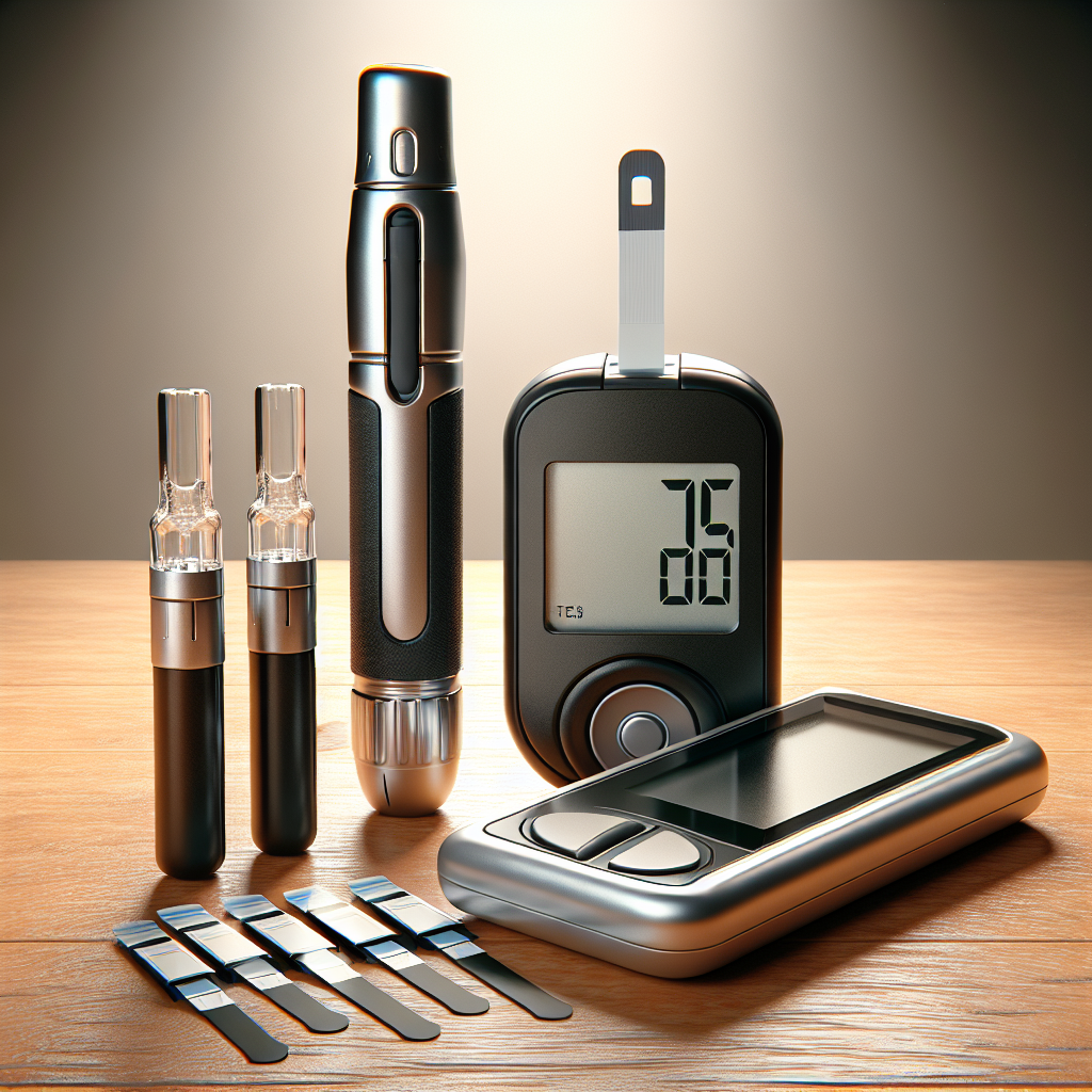 A realistic image of a diabetic testing kit with a lancet device, test strips, and a glucose meter on a table.