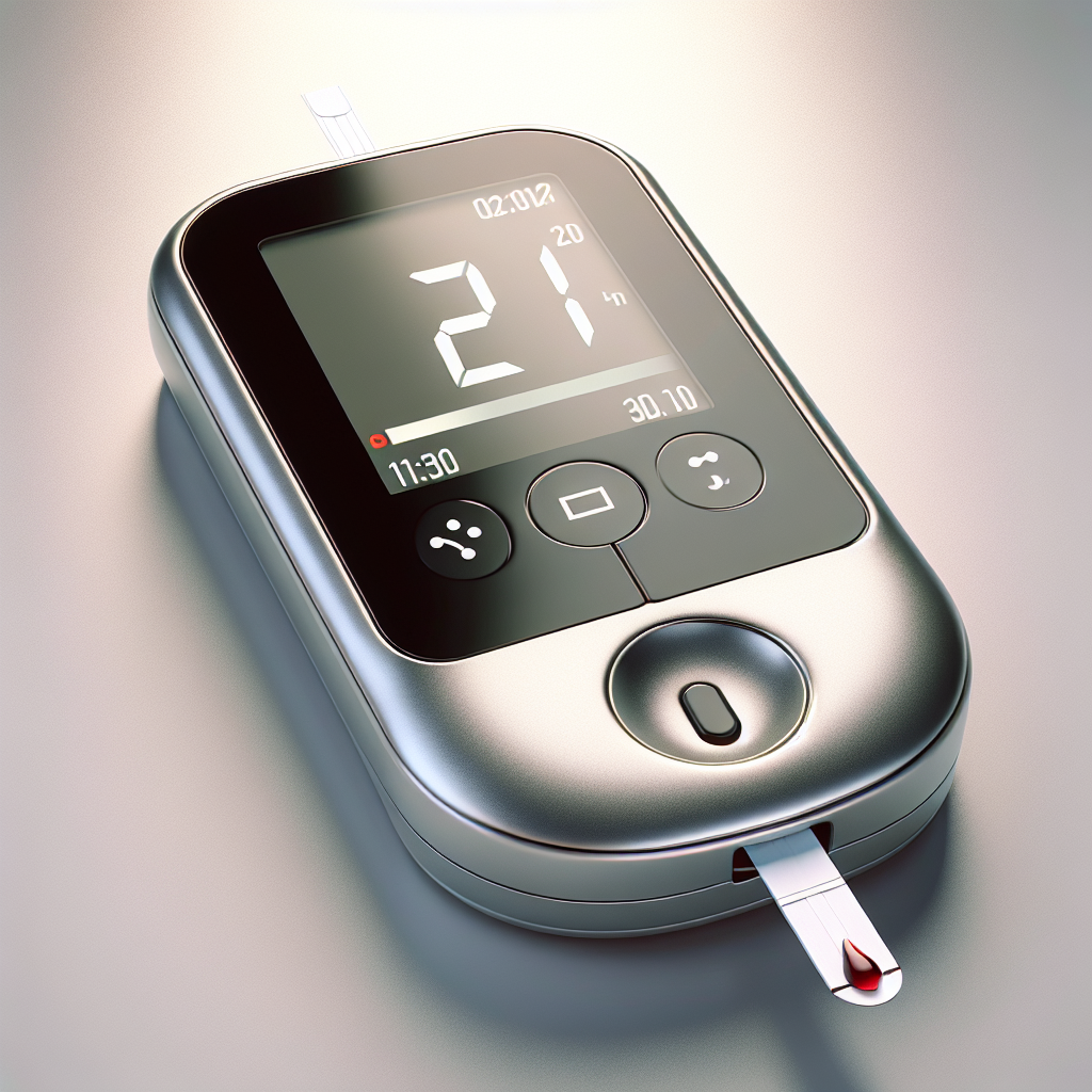 A modern portable blood glucose meter with a test strip inserted.