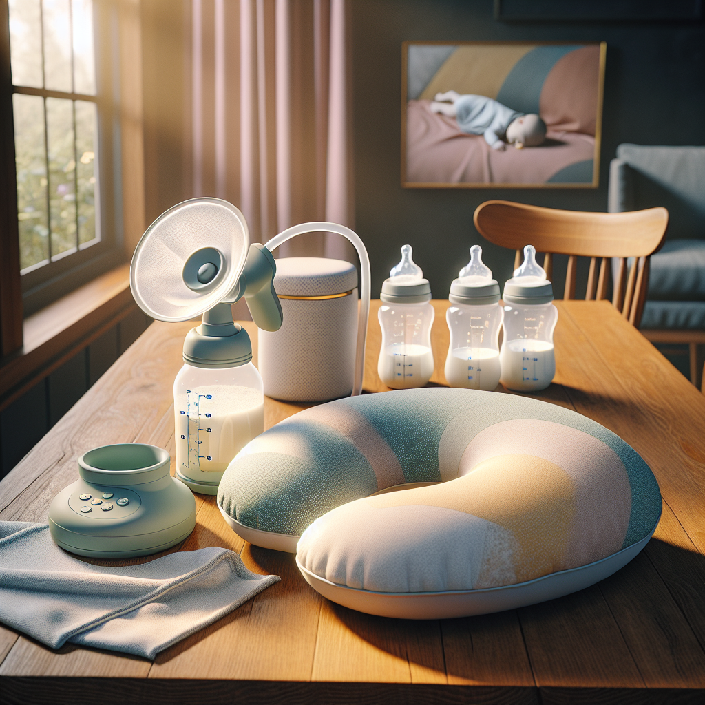 A realistic depiction of breastfeeding supplies including a breast pump, nursing pillow, and baby bottles.