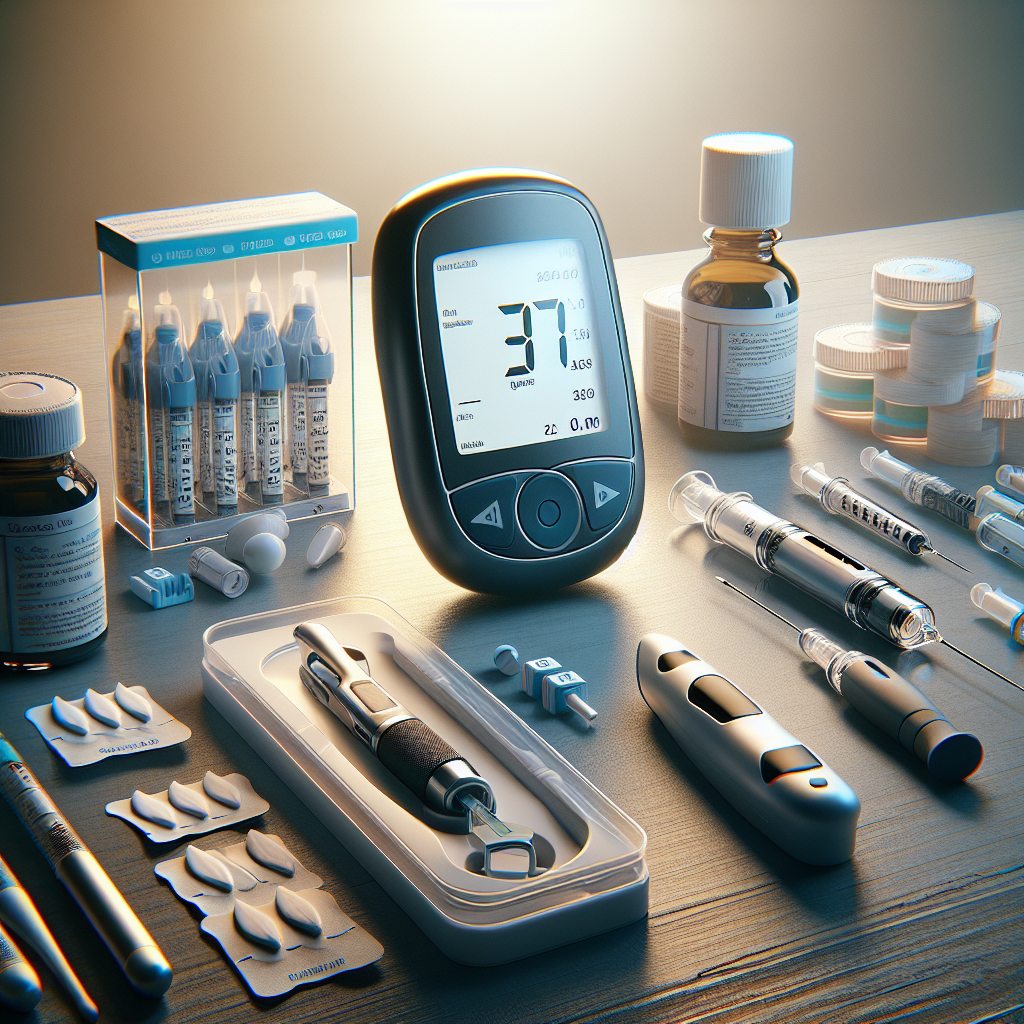 A realistic depiction of essential diabetic supplies, including a glucose meter, test strips, insulin pen, and lancets on a table.