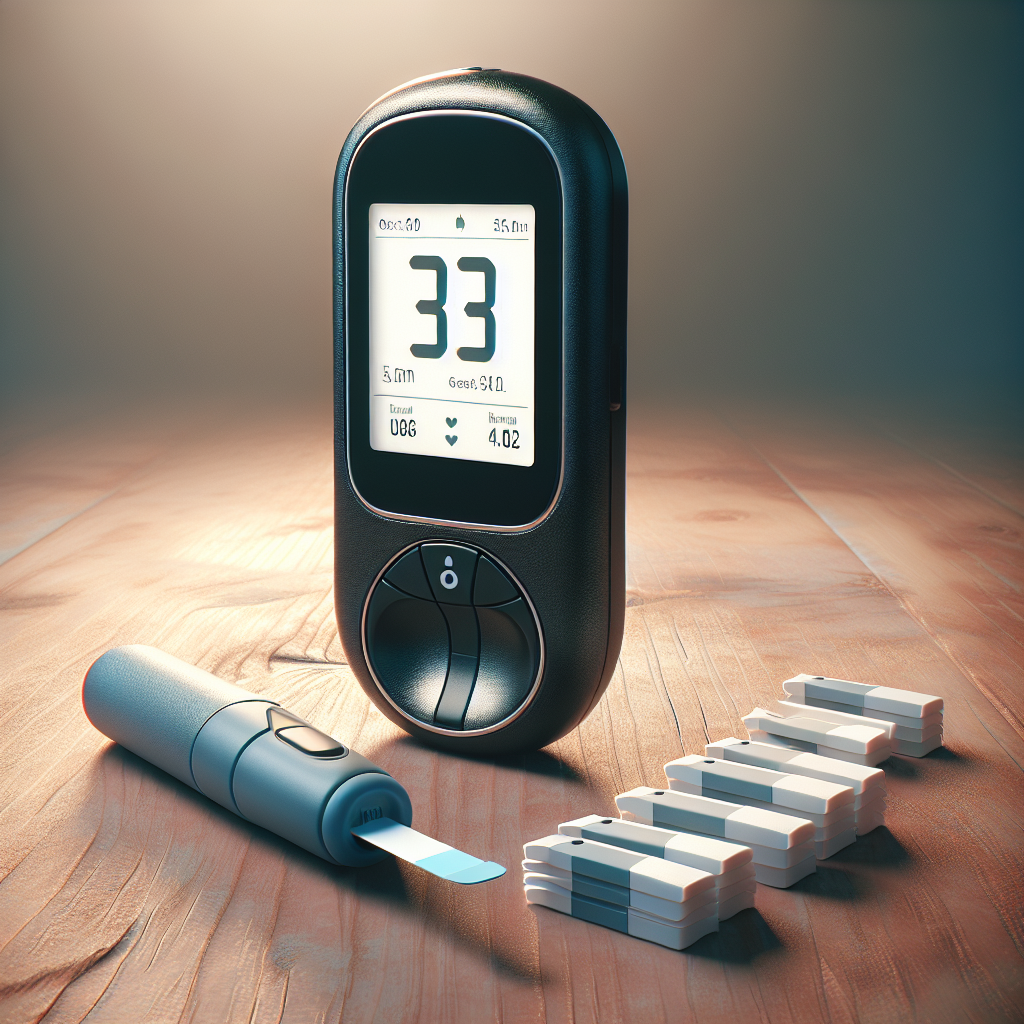 A modern home diabetes monitoring setup with a blood glucose meter, lancing device, and test strips on a table.