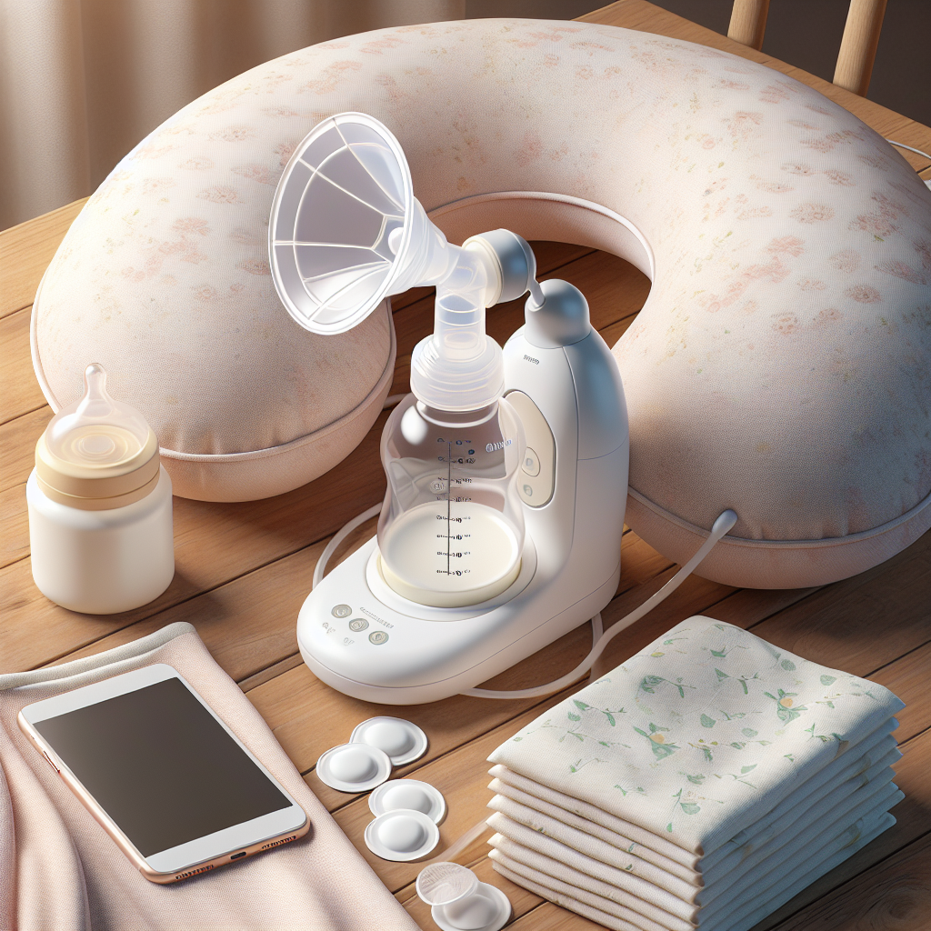 Essential breastfeeding supplies including a breast pump, nursing pillow, nursing pads, and a bottle warmer.