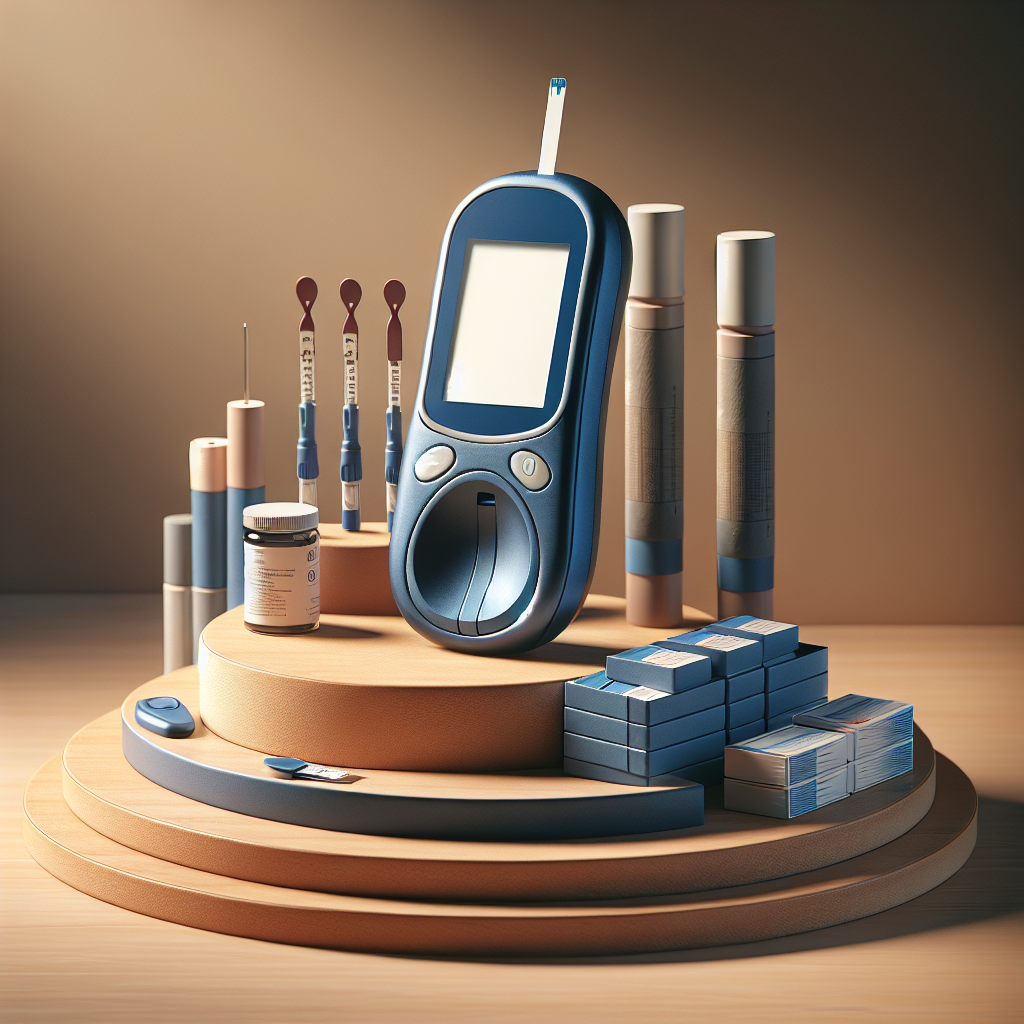 A home diabetes monitoring setup with a blood glucose meter, test strips, and lancets.