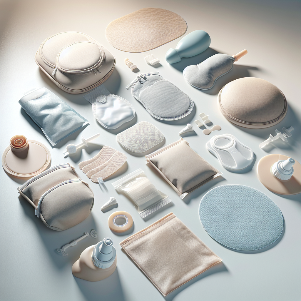 A realistic image of various ostomy supplies on a white surface, showcasing modern designs.