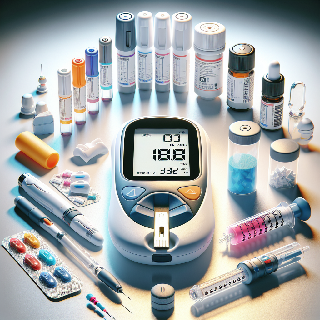 Realistic image of essential diabetic supplies on a white surface.