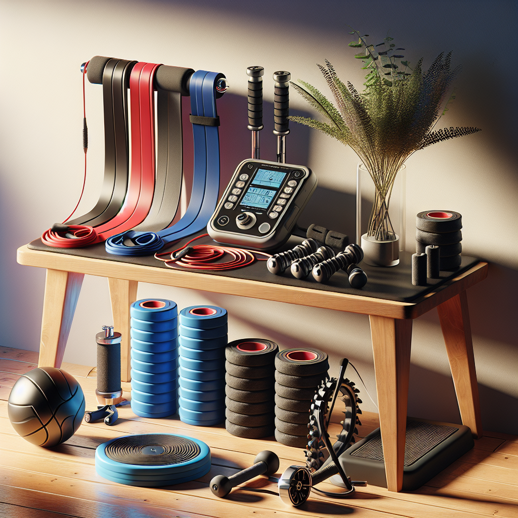 A realistic display of various physical therapy tools on a table.