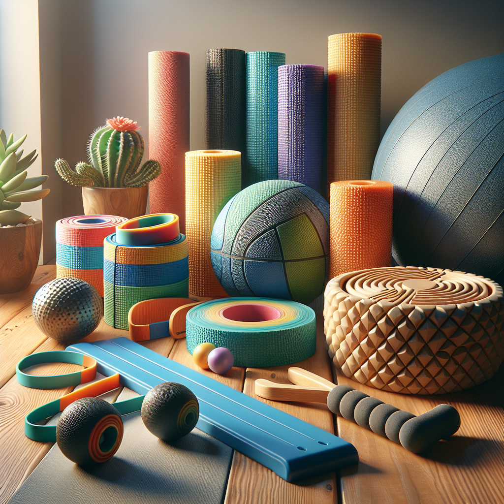 A variety of physical therapy aids, including exercise bands, a balance board, a therapy ball, and a foam roller, on a wooden table.