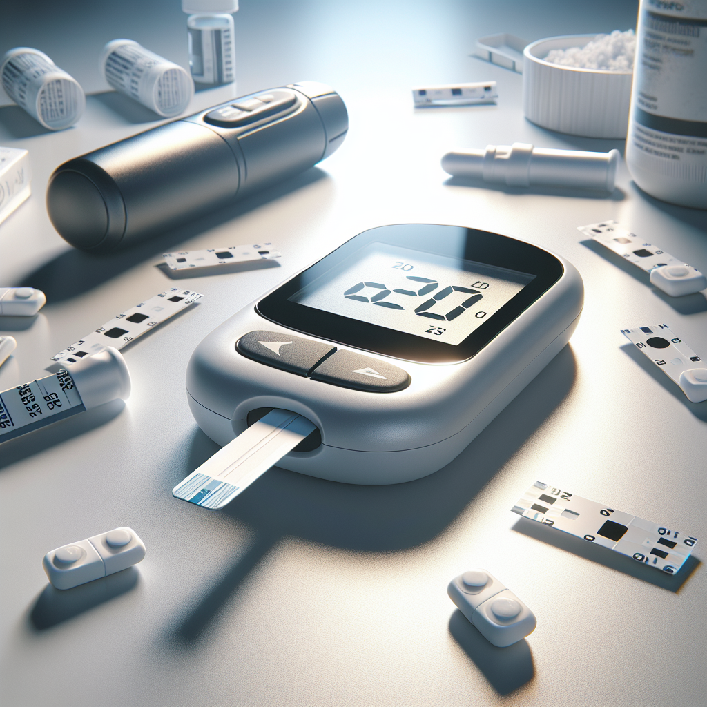 Close-up of blood glucose test strips and a glucose meter.