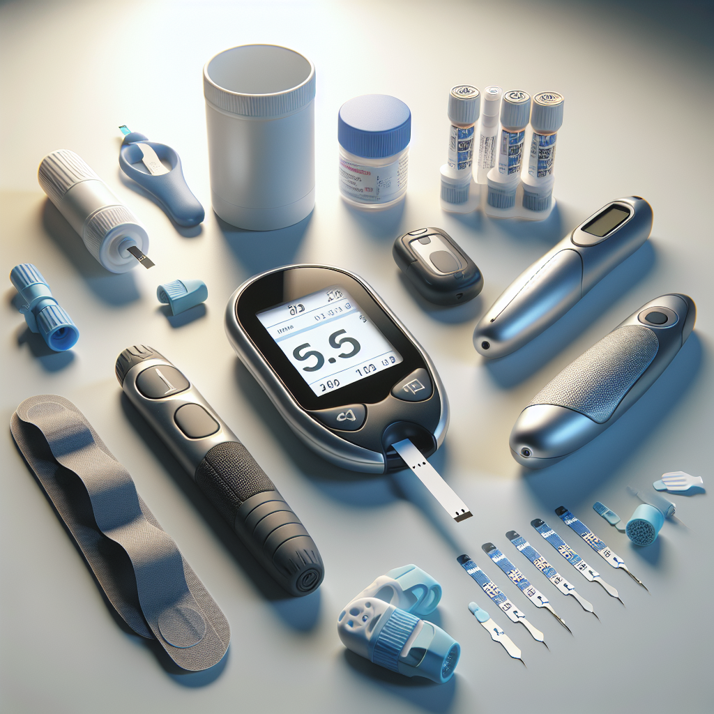 Diabetes testing supplies, including a glucometer and test strips on a white surface.