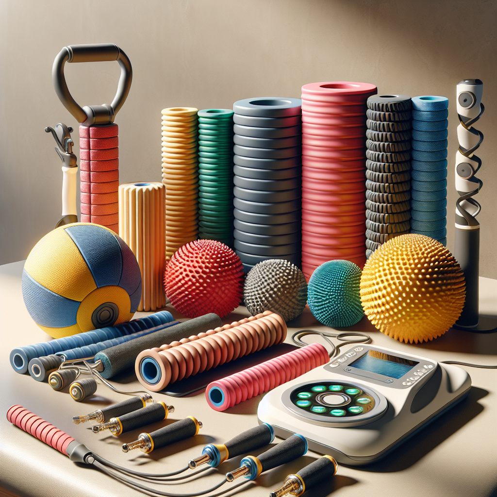 Various physical therapy tools on a therapy table including resistance bands, foam rollers, and balance boards.