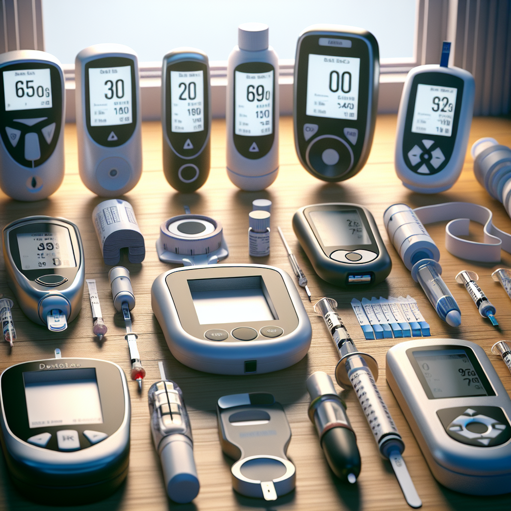 Various diabetic supplies on a table, including glucose meters, test strips, and insulin pumps, depicted realistically.