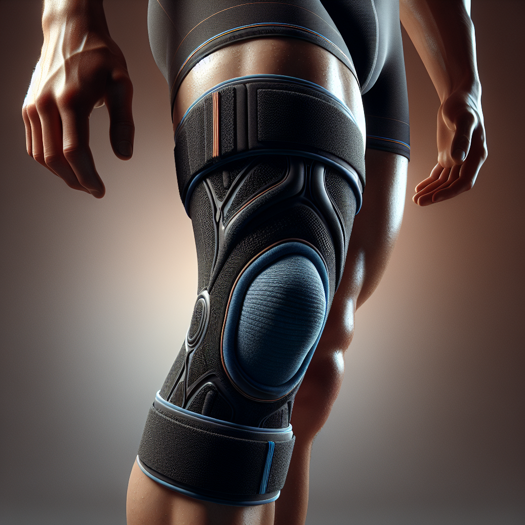 A realistic depiction of a knee brace on a knee, highlighting support and functionality.