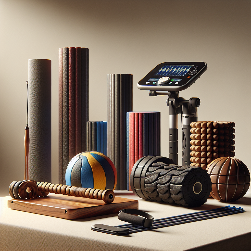 A realistic image of various physical therapy tools including resistance bands and foam rollers.