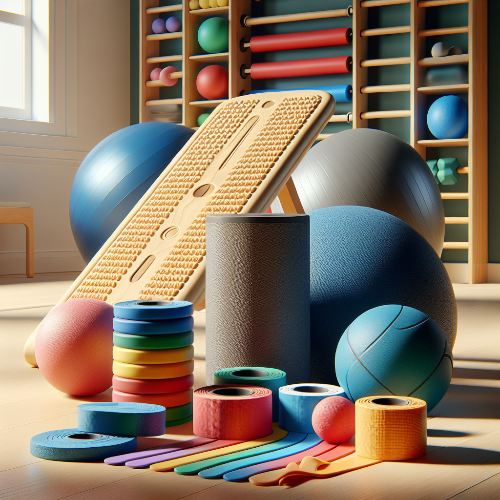 A variety of physical therapy aids including exercise bands, balance boards, therapy balls, and foam rollers.