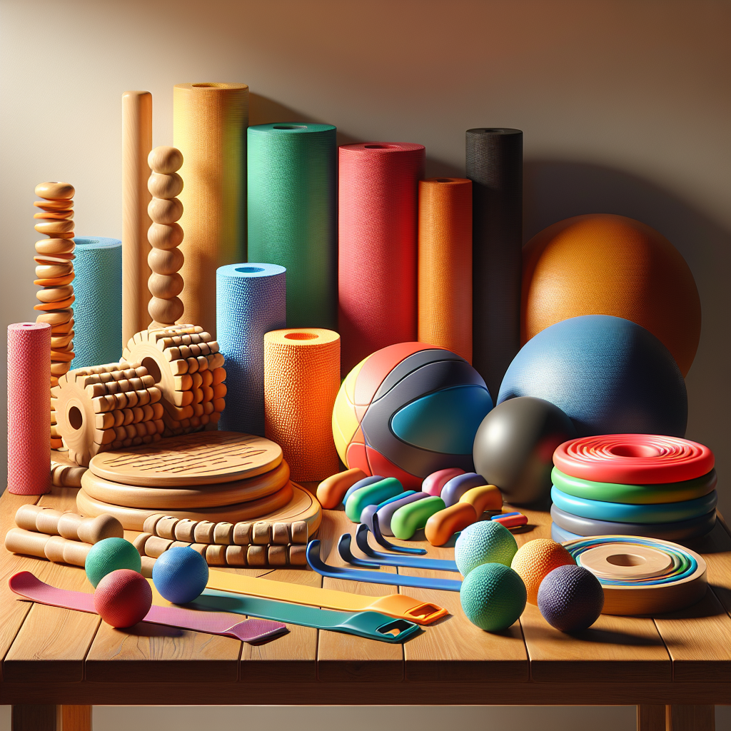 An arrangement of various physical therapy aids on a wooden table.