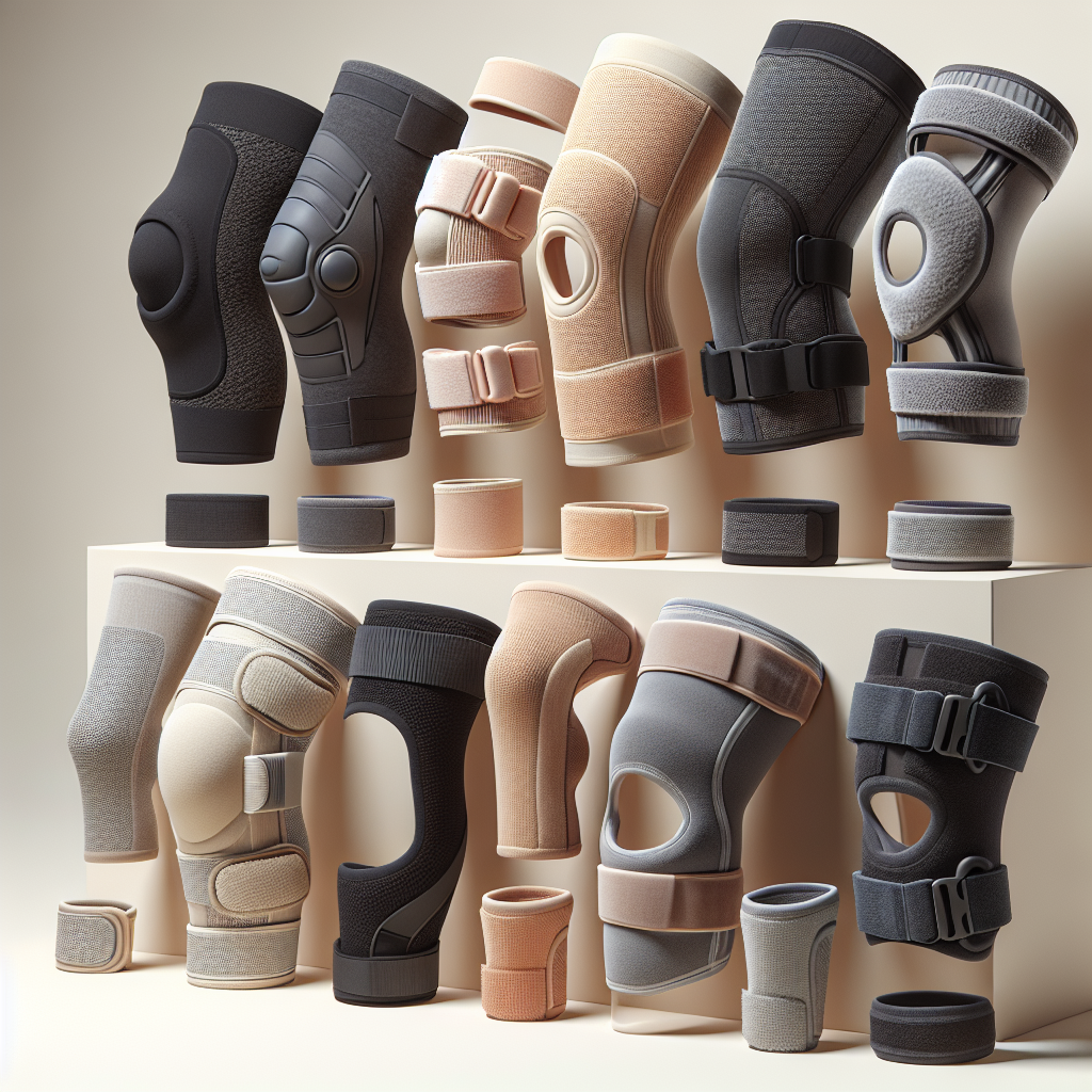 A realistic selection of affordable knee braces in different designs on a neutral background.