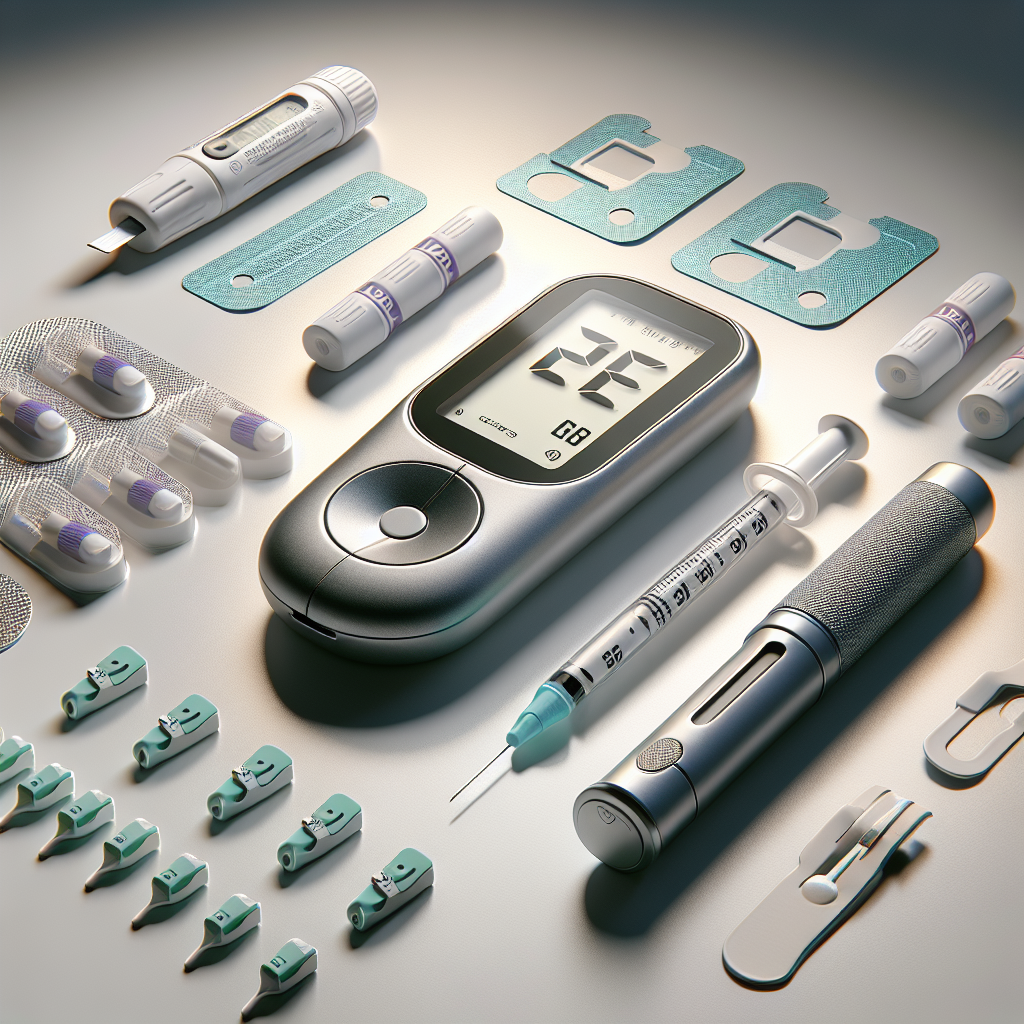 Image of essential diabetes testing supplies including a glucometer, test strips, lancets, and a lancing device on a white surface.