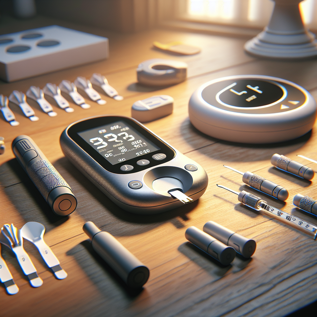 Realistic image of a diabetes testing kit on a wooden table.