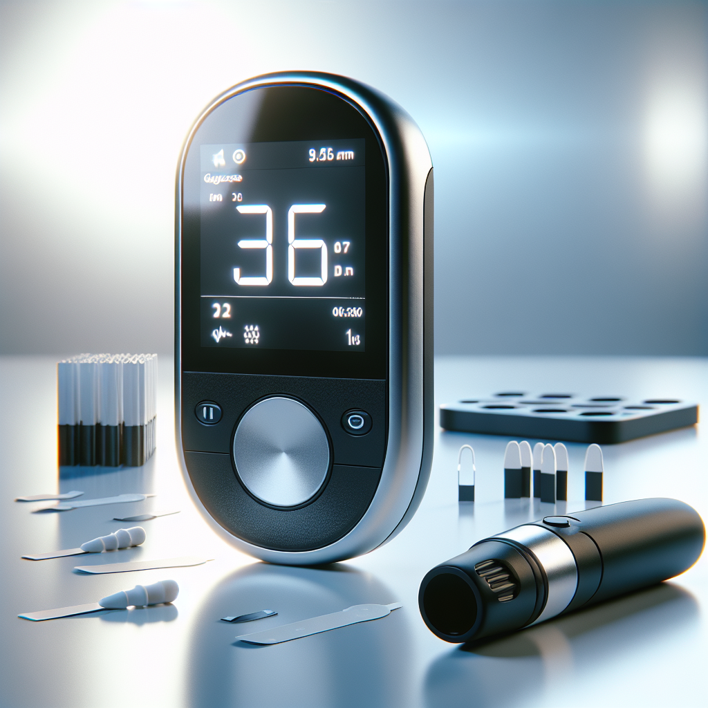 Modern diabetes monitoring kit with glucose meter and lancet device on a white surface.