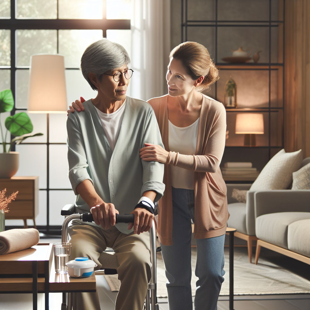 A caregiver assisting an elderly person with a mobility aid in a cozy home living room.