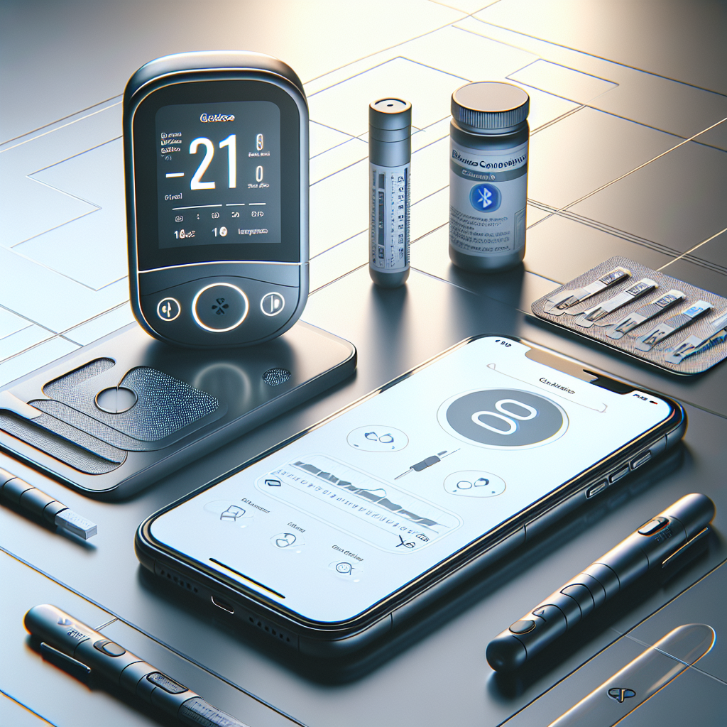 Image of an advanced diabetes monitoring kit with devices and a smartphone.