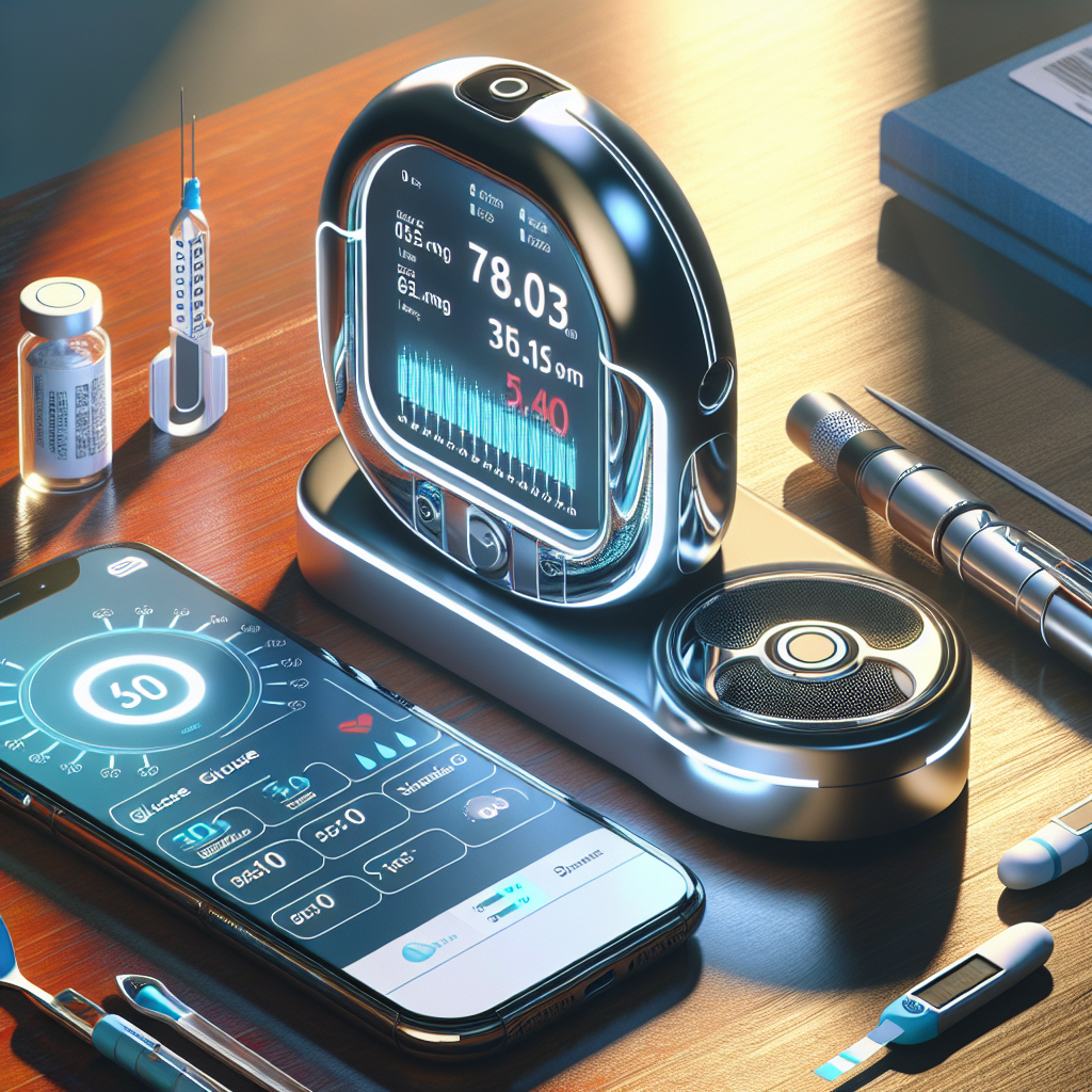 Advanced diabetes monitoring kit with a glucose meter and smartphone displaying health data.