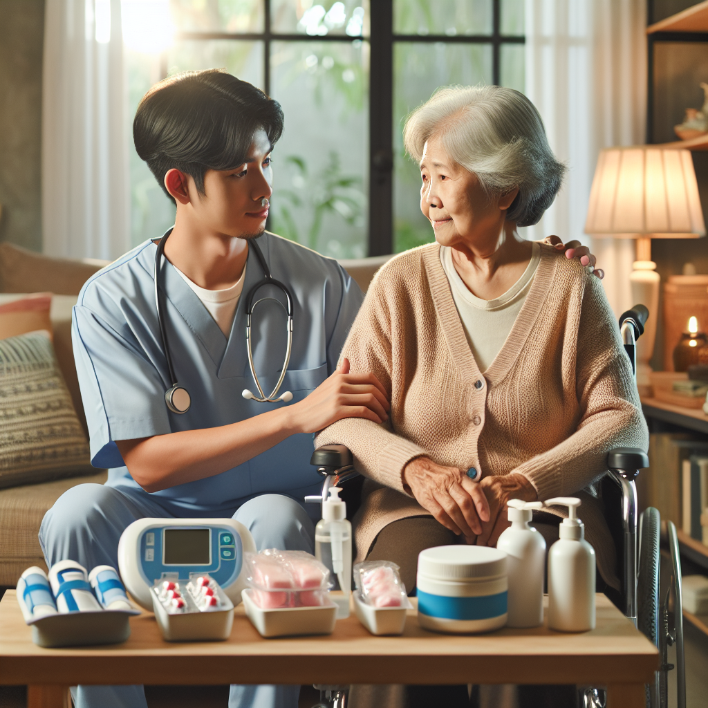 Realistic image of a home healthcare setting with caregiver assisting elderly patient, featuring various healthcare supplies.