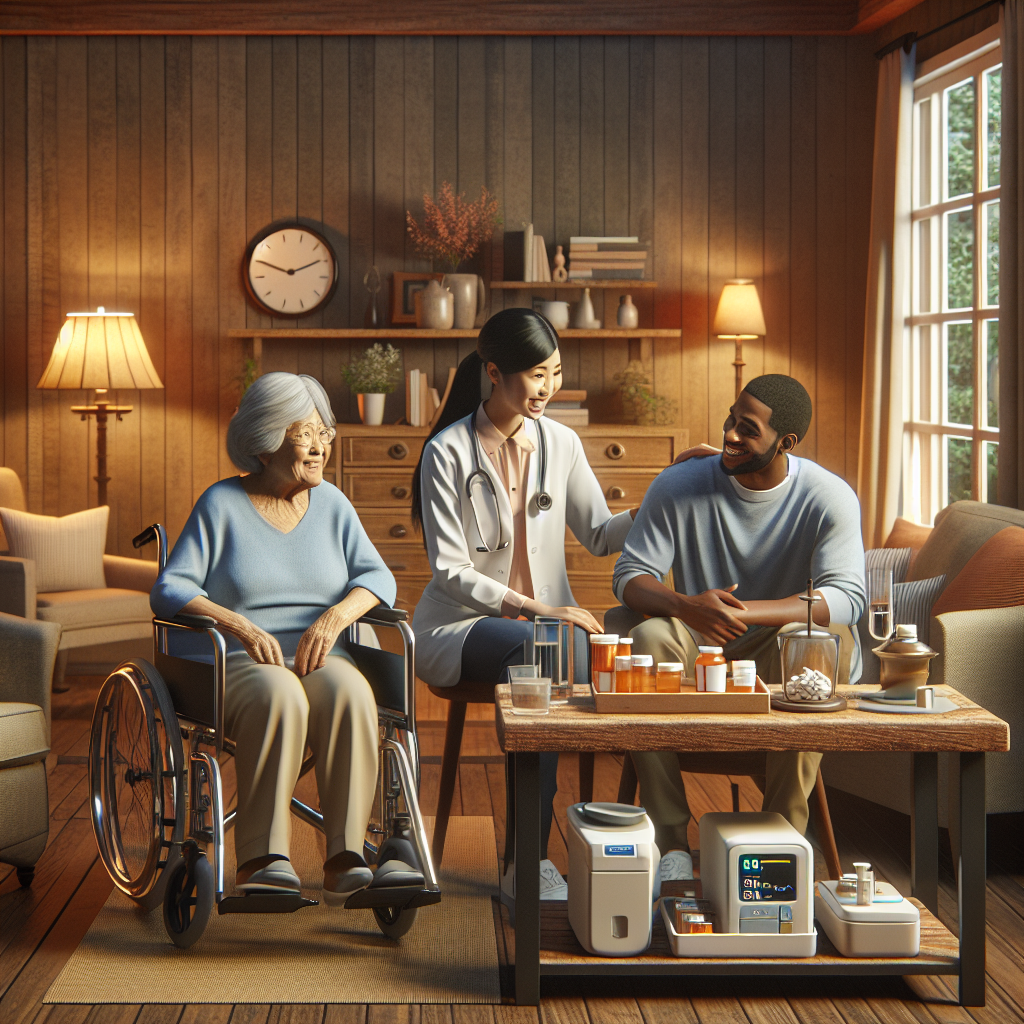 A home healthcare scene with supplies and caregivers in a cozy living room.