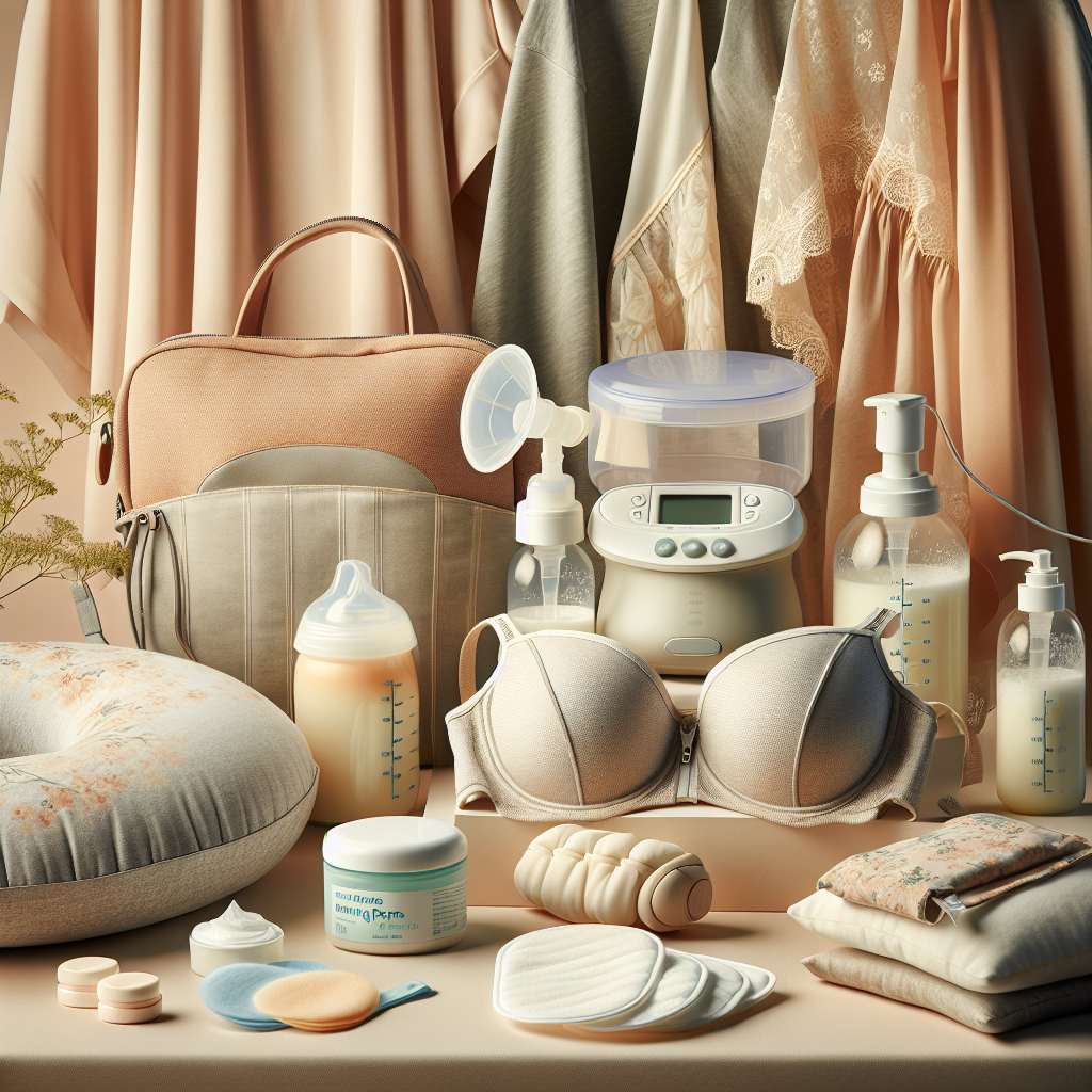 Realistic depiction of essential breastfeeding accessories like breast pump, storage bags, nursing bras, nursing pads, a pillow, nipple creams, gel pads, and a breastfeeding cover.