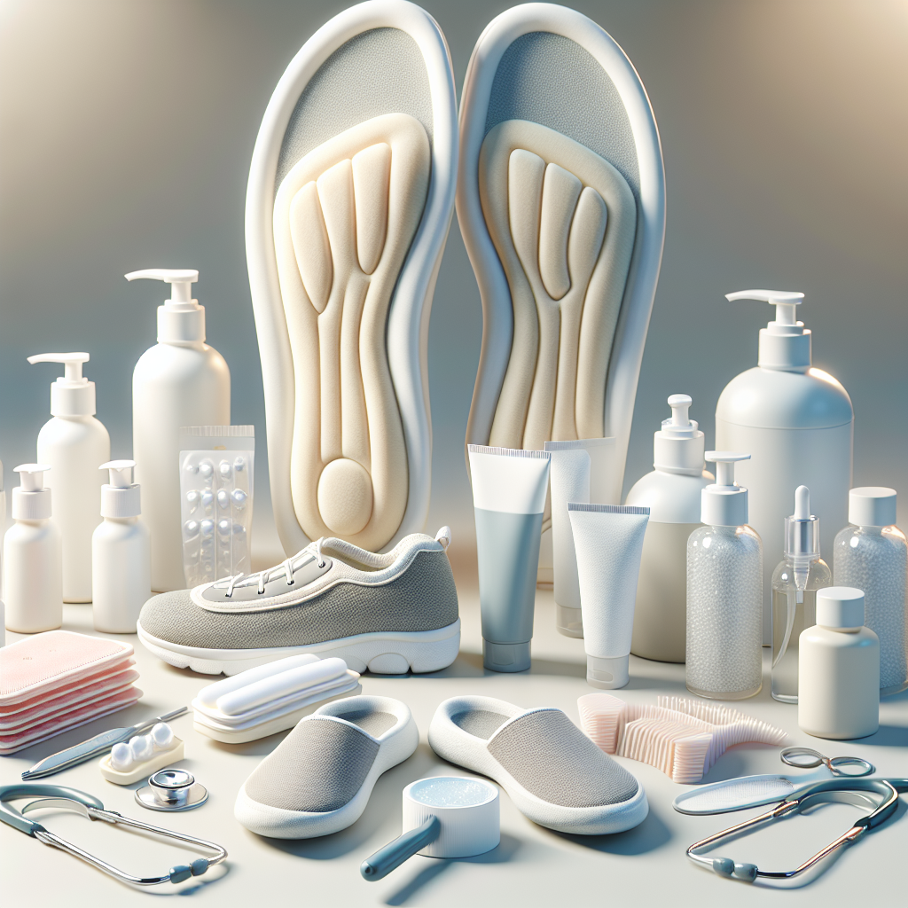 A selection of diabetic foot care products like insoles and creams, on a light background.