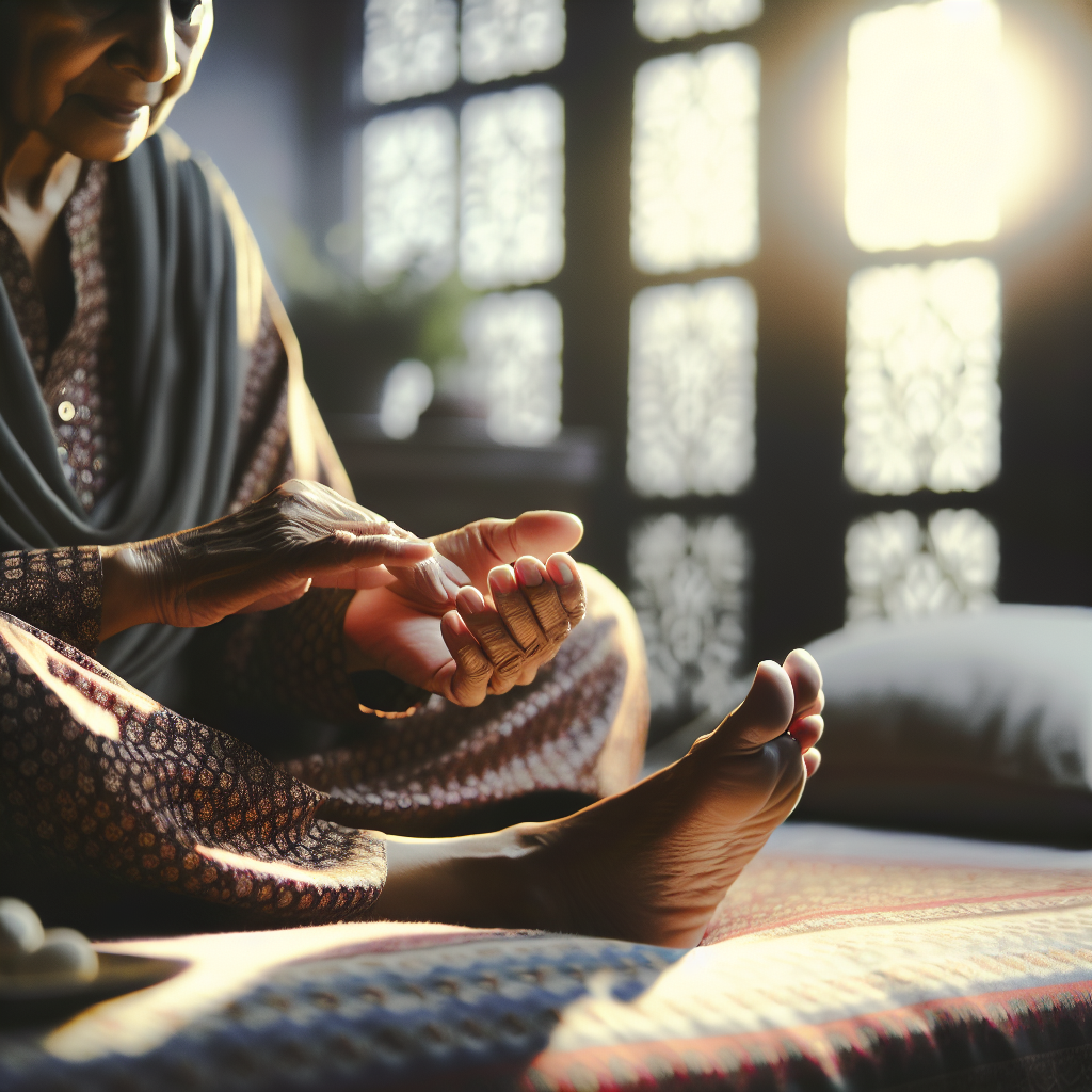 A person carefully examining their foot, emphasizing diabetic foot care.