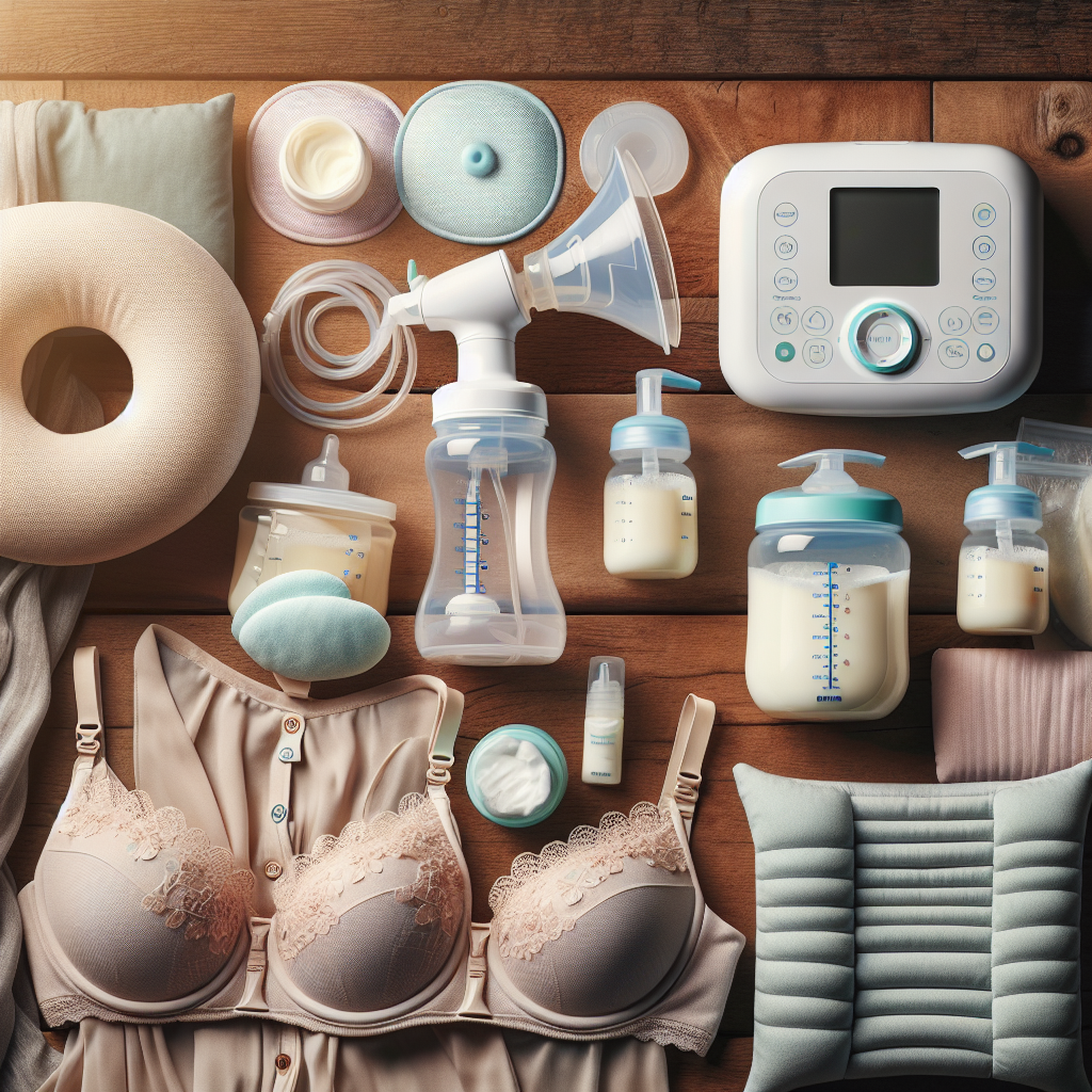 A collection of essential breastfeeding accessories displayed on a wooden surface, including a breast pump, storage bags, nursing bras, and more.