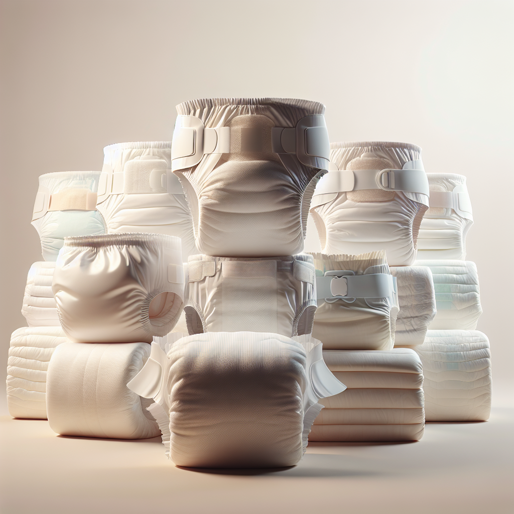 Various types of adult diapers showcasing features like adjustable tabs and elastic waistbands.