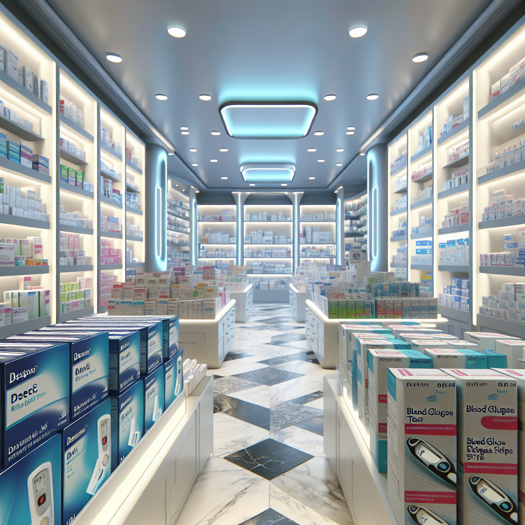 A pharmacy store interior with shelves of blood glucose strips.