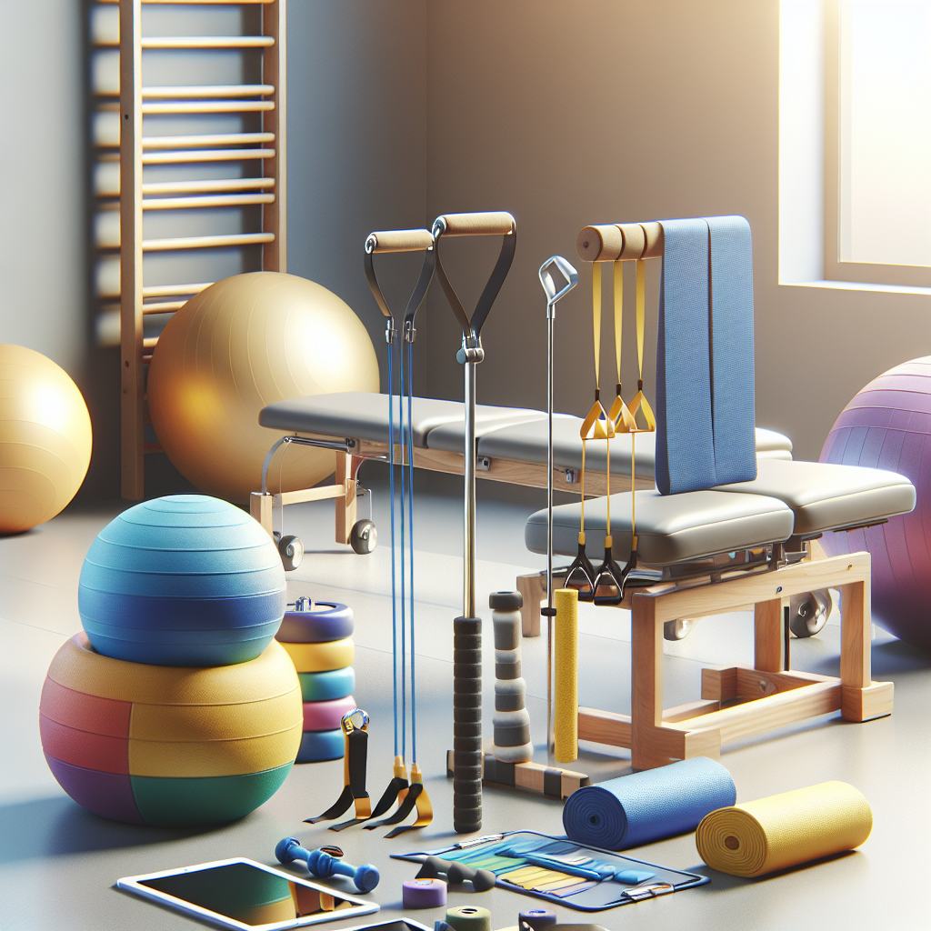 A realistic image of diverse physical therapy equipment including resistance bands, balance boards, and exercise balls in a therapy room.