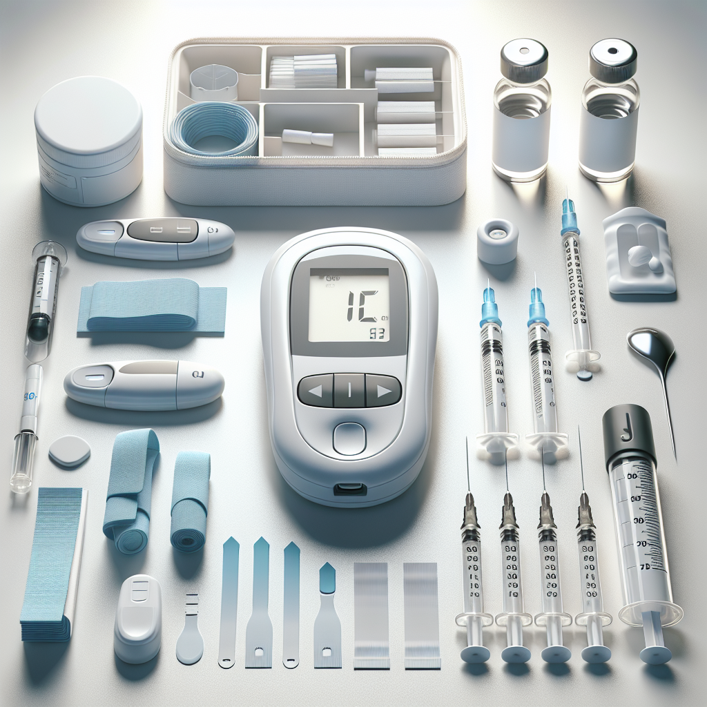 A collection of diabetic medical supplies including a glucose monitor, test strips, insulin vial, syringes, and lancets on a white tabletop.