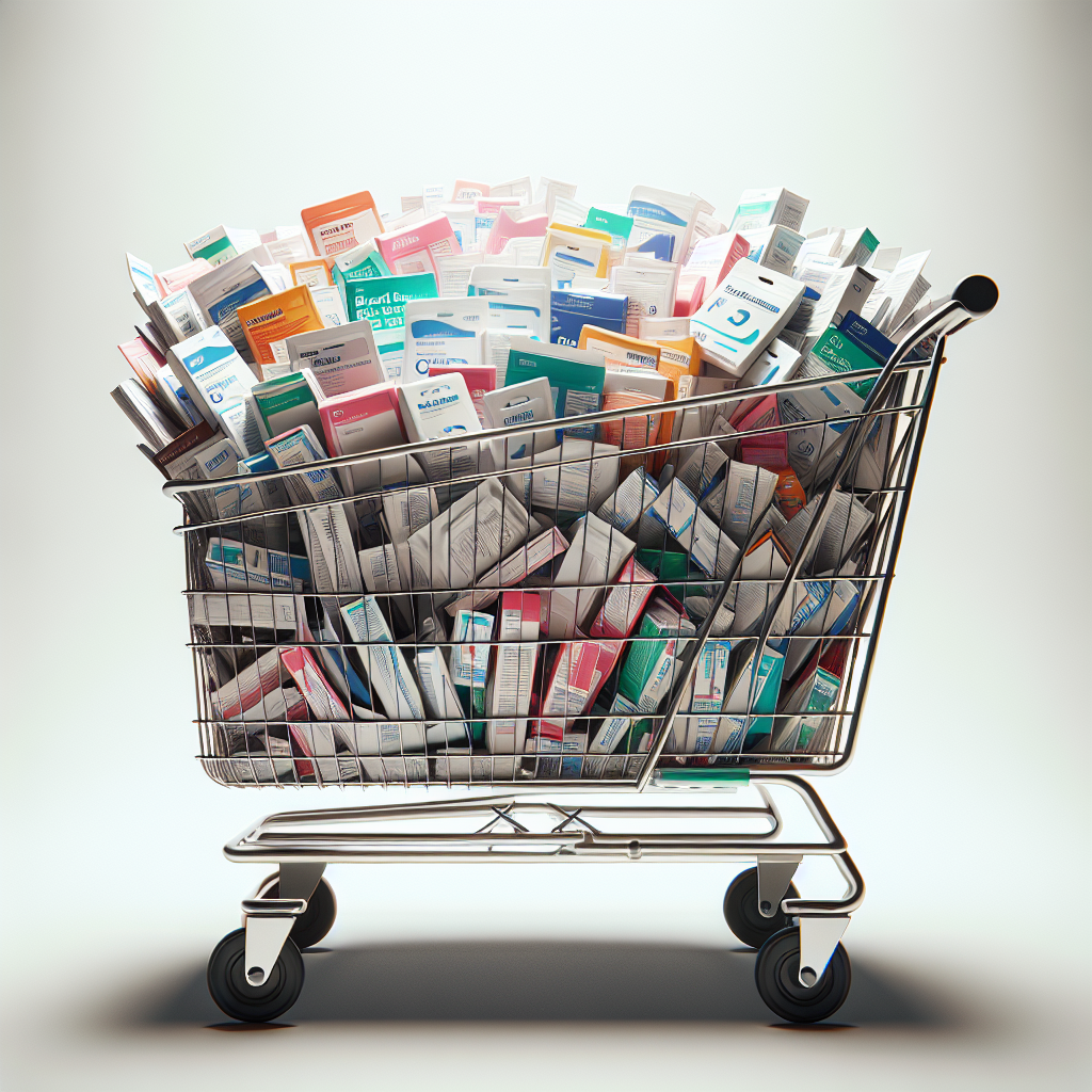 A shopping cart filled with various blood glucose strips packages, symbolizing affordability and accessibility.