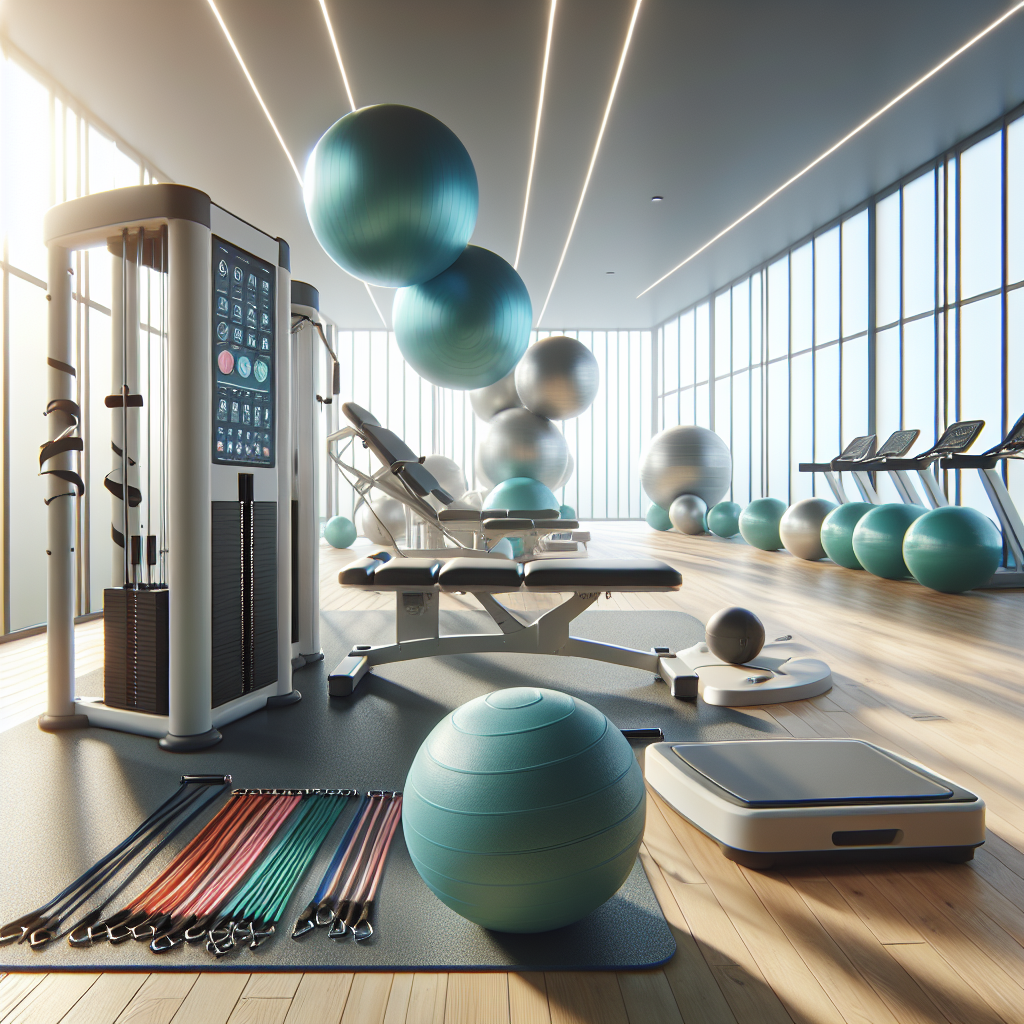 A variety of physical therapy equipment including resistance bands, a balance board, an exercise ball, and an advanced machine in a physiotherapy room.