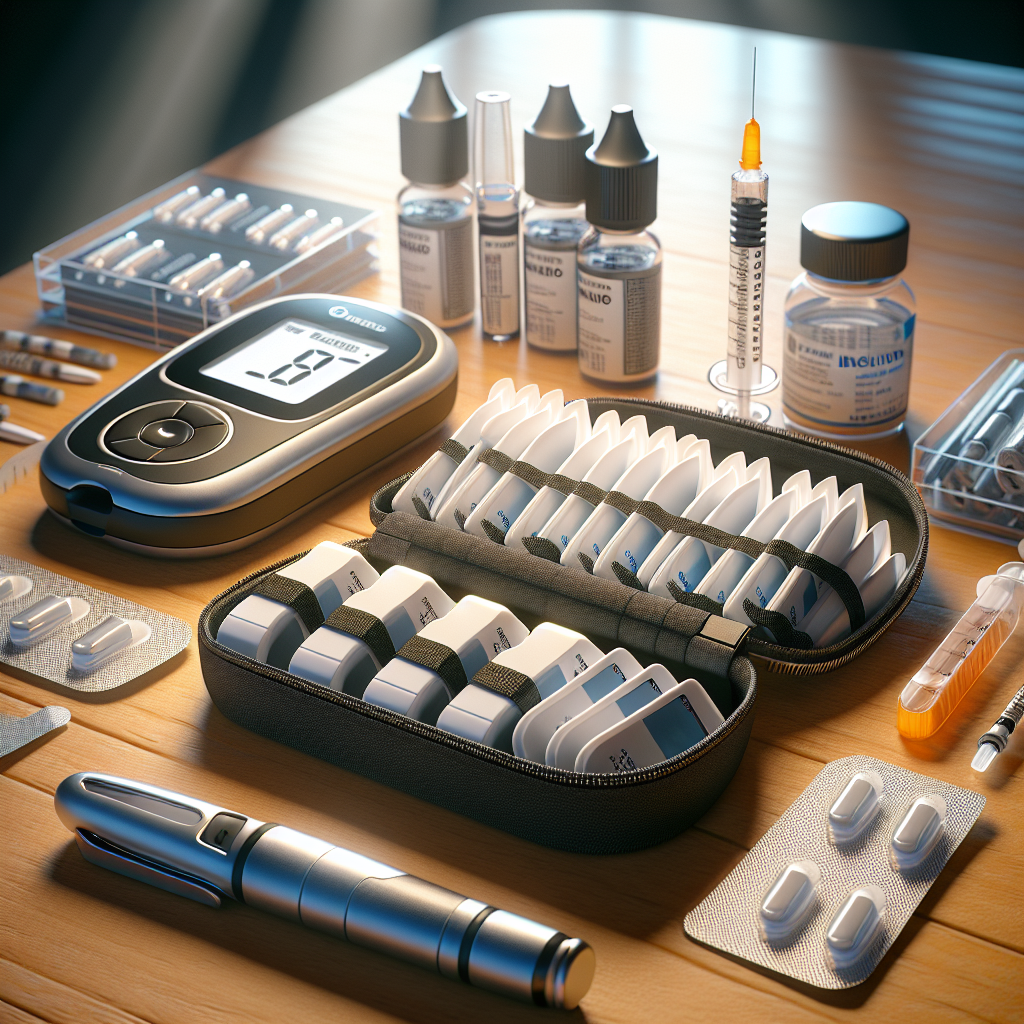 An arrangement of diabetic supplies on a table, including a glucose monitor, test strips, insulin pen, and syringes.