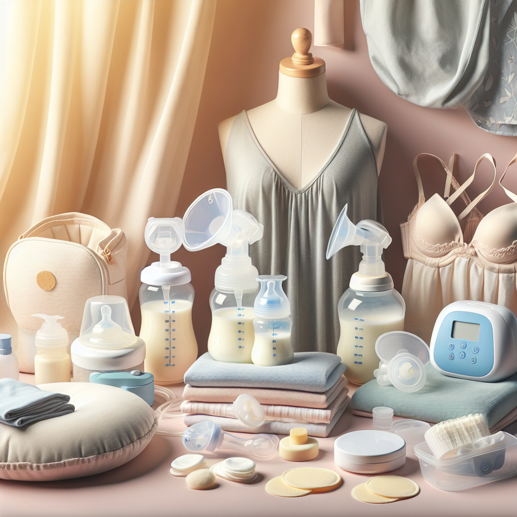 A realistic display of essential breastfeeding accessories, including breast pumps, storage solutions, nursing bra, and pillows.