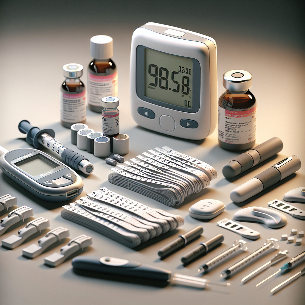 A realistic depiction of diabetic medical supplies including a blood glucose monitor, test strips, insulin vial, syringes, and lancets.