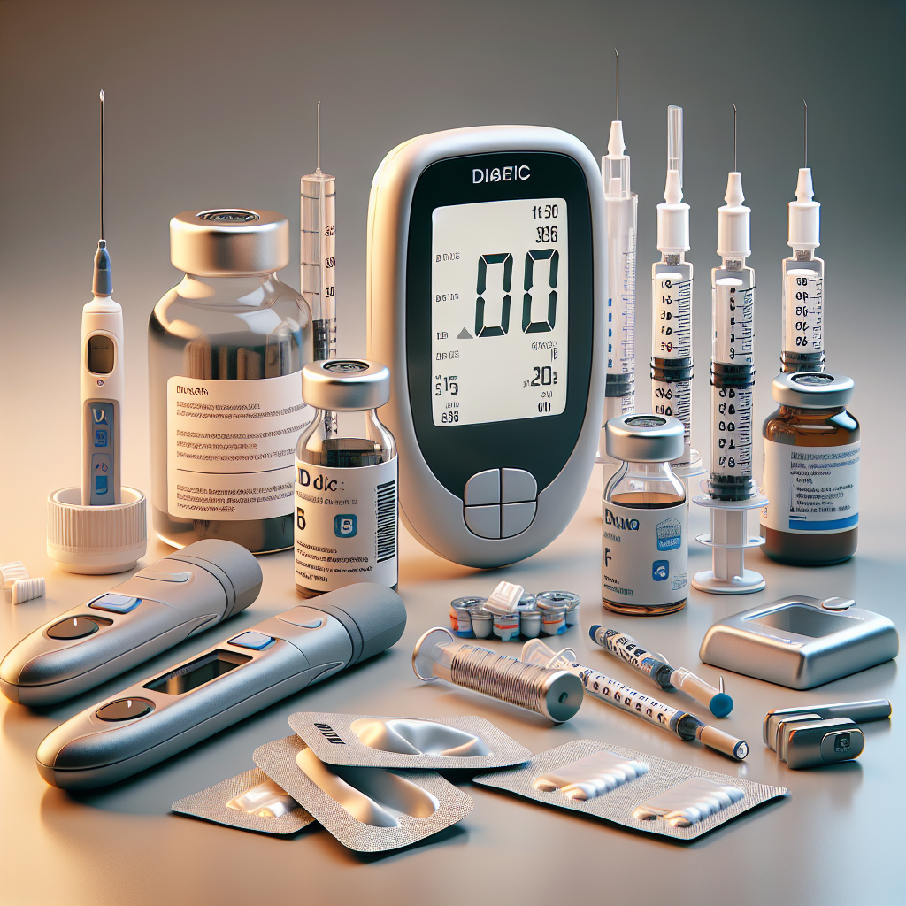 Various diabetic medical supplies like a glucose monitor, test strips, insulin vials, syringes, and lancets arranged on a surface.